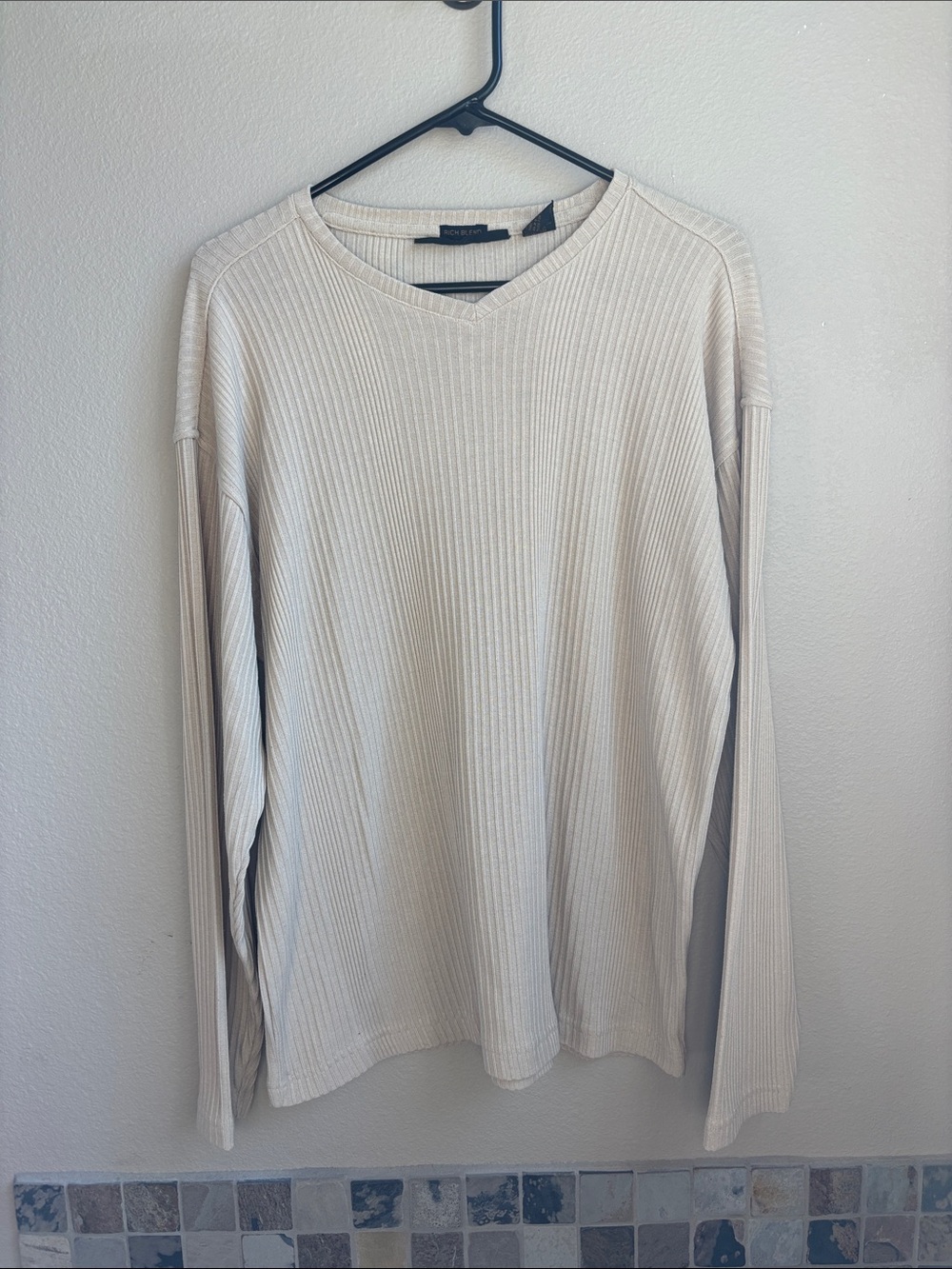 Bruno Rich Blend Unisex Large Beige Ribbed V Neck Pullover Sweater Long Sleeve